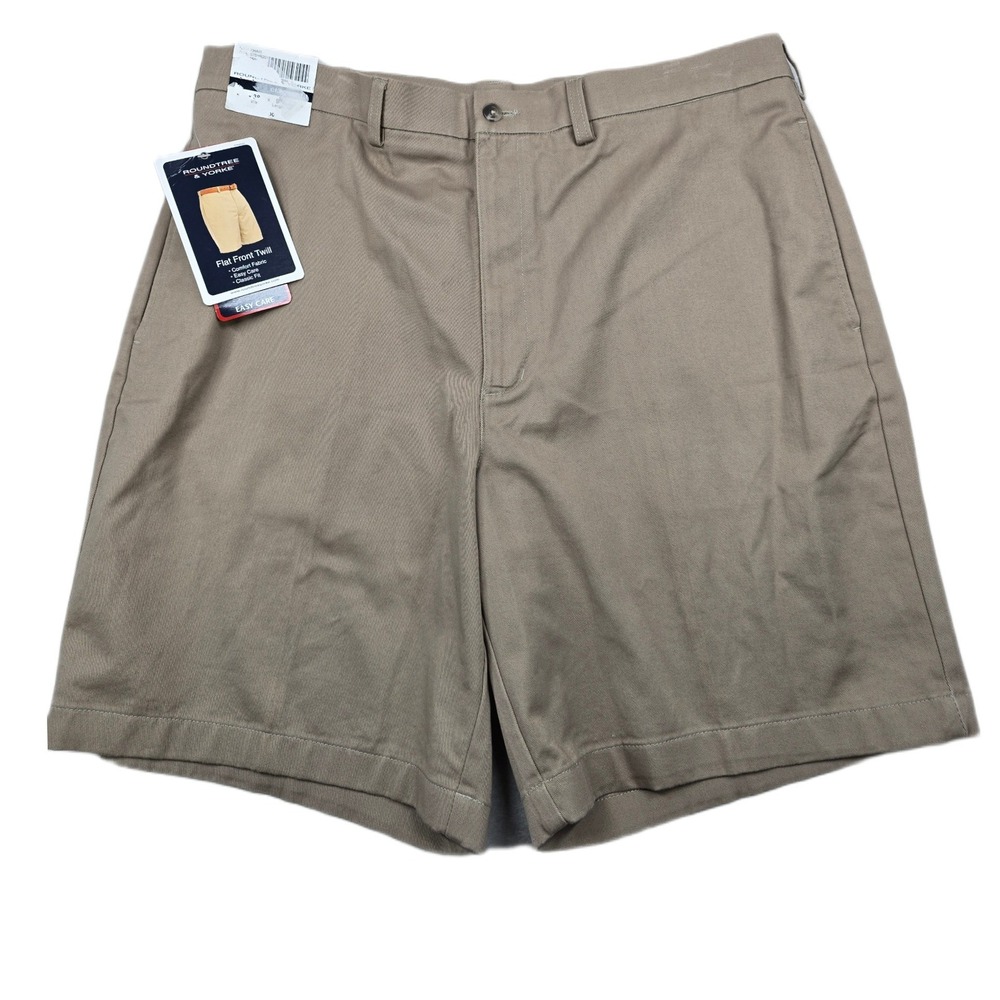 Roundtree & Yorke Shorts Mens 38 Khaki Cotton Twill Flat Front Easy Care 9" NEW‎